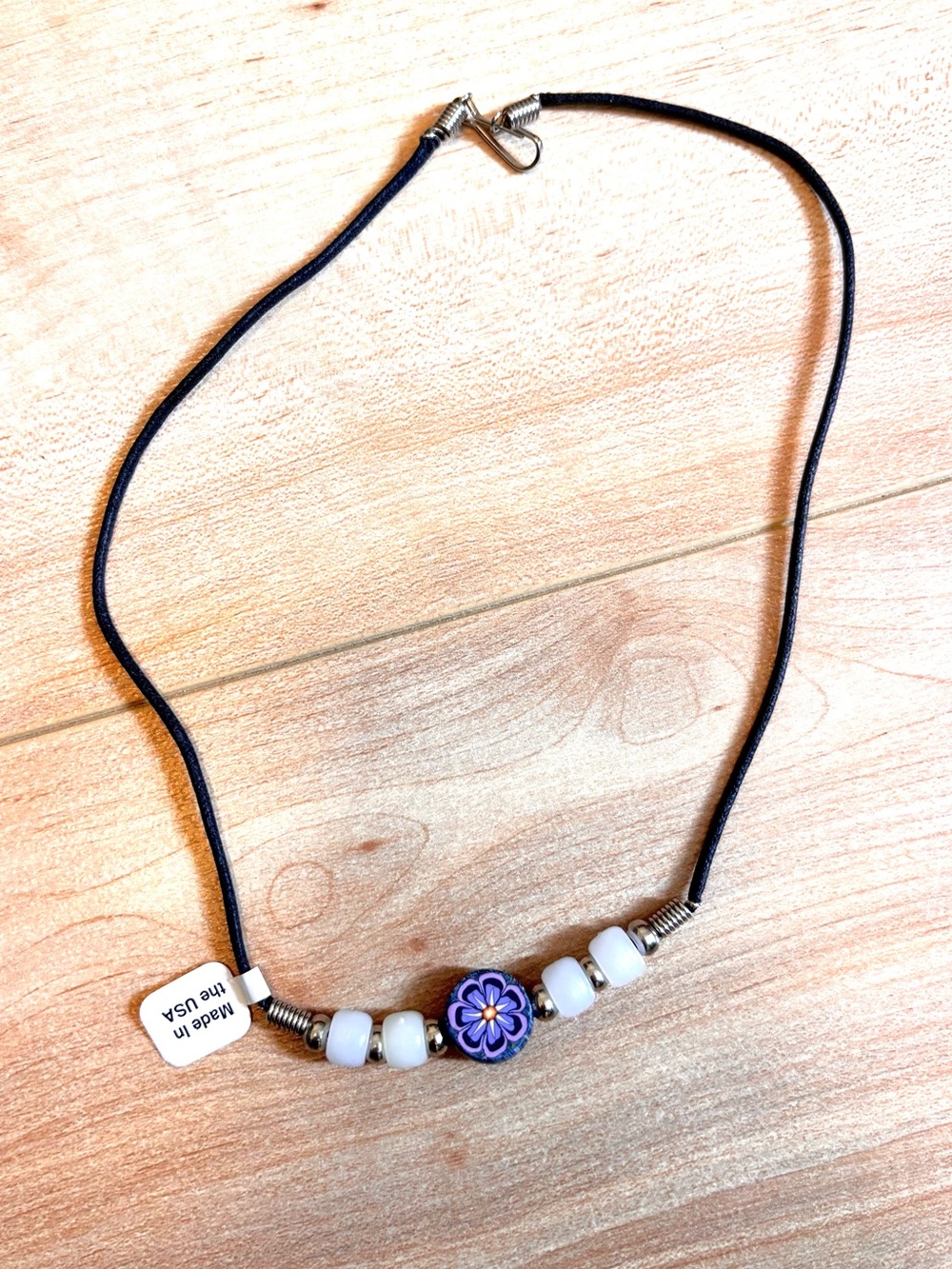 Vintage 90s Black Corded Necklace With Polymer Clay Floral Bead